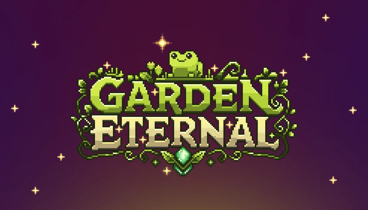 Garden Eternal key art: a leafy logo with a small frog under a starry purple sky